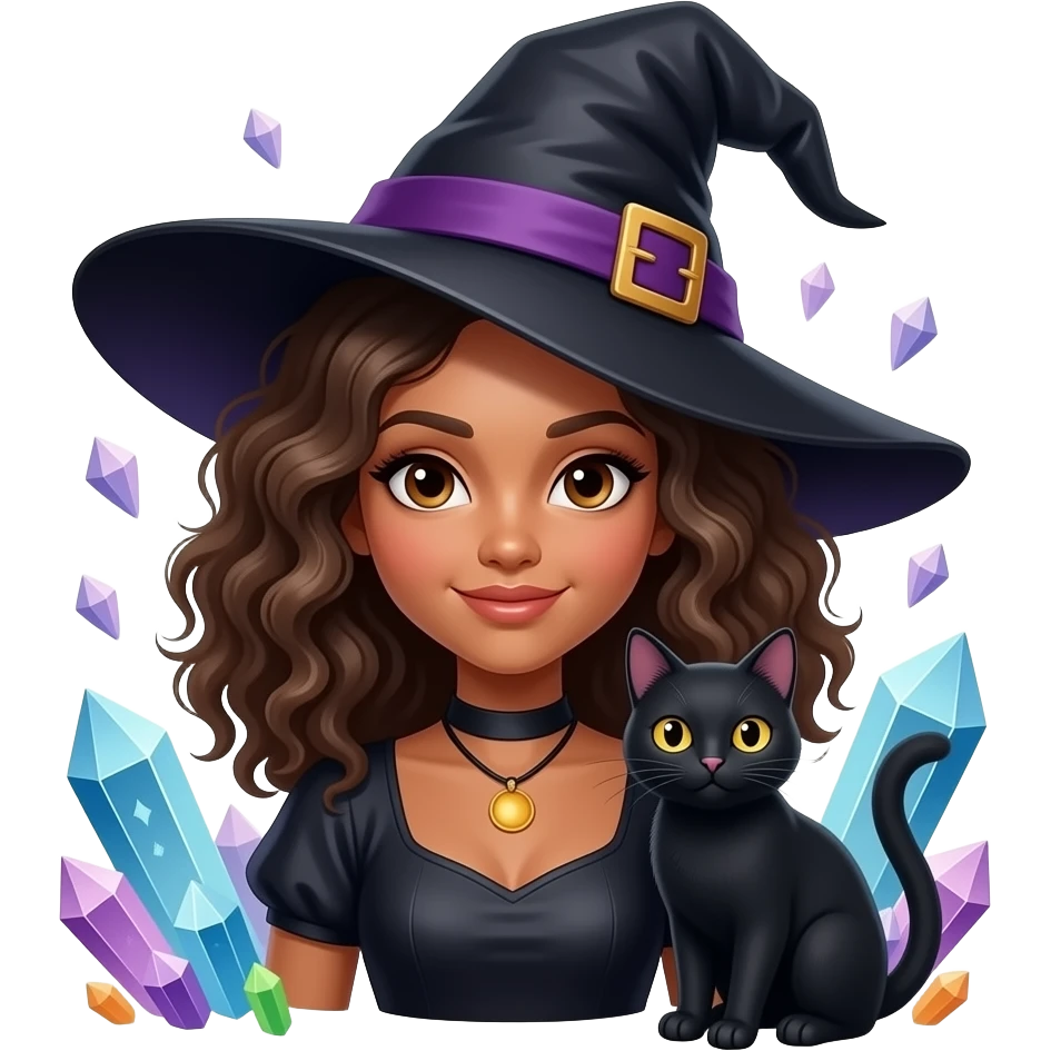 young black witch wavy hair and brown eyes with black cat, apple style, head and shoulders, and crystals emoji