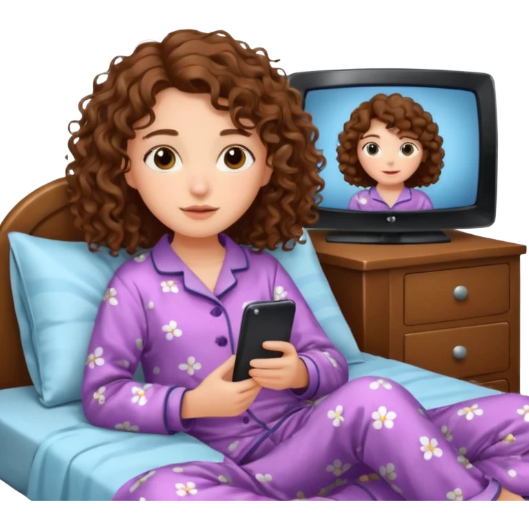 Draw a girl with shoulder-length curly hair, lying in bed watching TV, but make her look at the TV. emoji