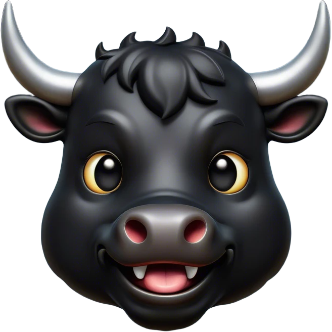 Cinematic Comical Black Bull Portrait Emoji, Head tilted dramatically with an exaggeratedly amused expression, featuring a striking, glossy black hide with a bold natural sheen, wide, expressive dark eyes filled with playful disbelief, Simplified yet hilariously expressive features, highly detailed, glowing with a slightly sassy glow, high shine, dramatic yet playful, stylized with an air of cheeky mischief, bright and endearing, soft glowing outline, capturing the essence of a spirited and over-the-top bull, so meme-worthy it feels like it could charge its way into internet fame instantly! emoji