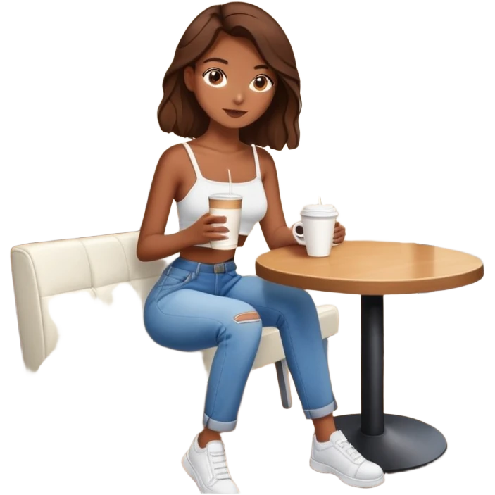 girl with brown hair and a crop top with a white bag and baggy jeans and have a coffee and sitting at the coffee shop  emoji