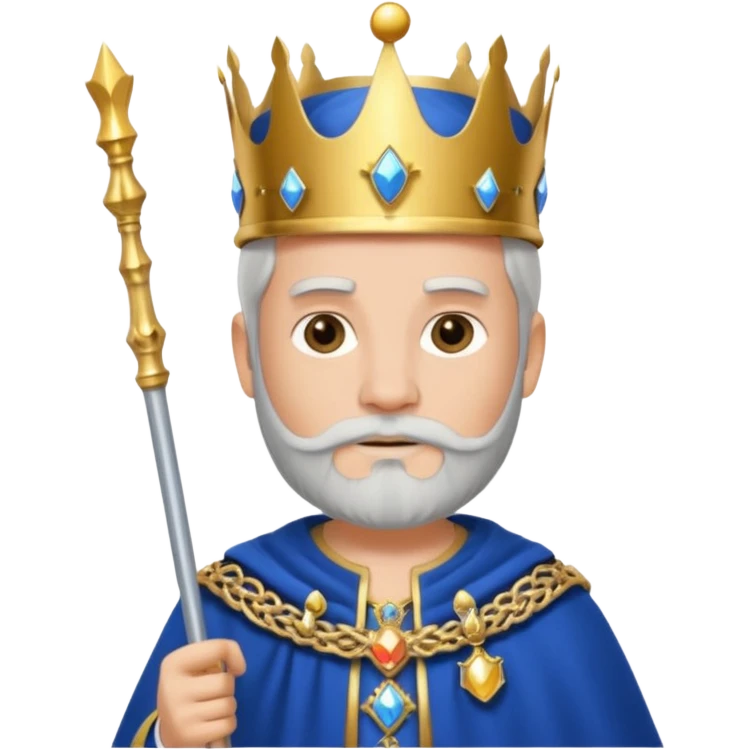 Bearded King, young king with short white beard, royal staff in hand, wearing crown, blue
 emoji