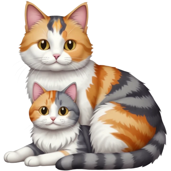 full body colourful light patched calico + white tabby cat cuddling a large grey and white cat  emoji