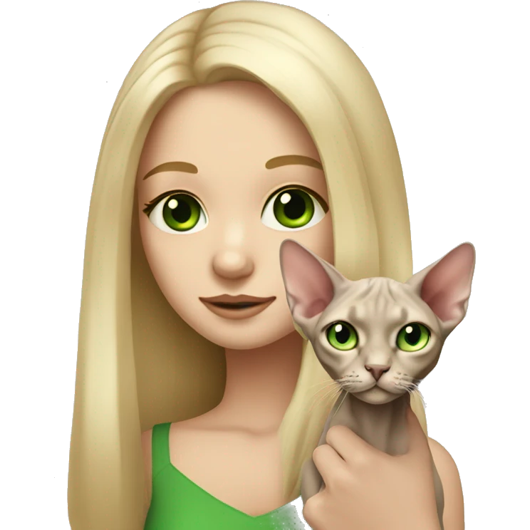 blonde girl long hair holding sphynx cat with green eyes  emoji