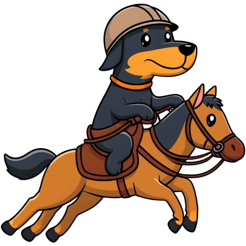 A Beauceron dog riding a horse emoji