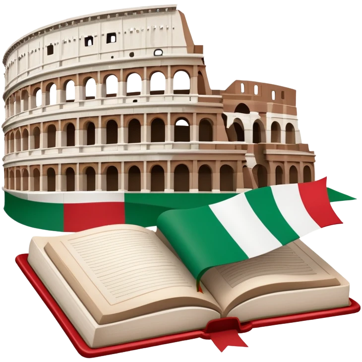 An icon featuring the Colosseum and the flag of Italy, symbolizing the Italian language. The design includes an open book with Italian phrases and a gondola, representing language learning and cultural exploration. Transparent background emoji