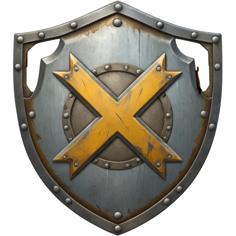a battle worn steel shield with engraved text "XXX", the text should be prominent and in the center of the shield emoji