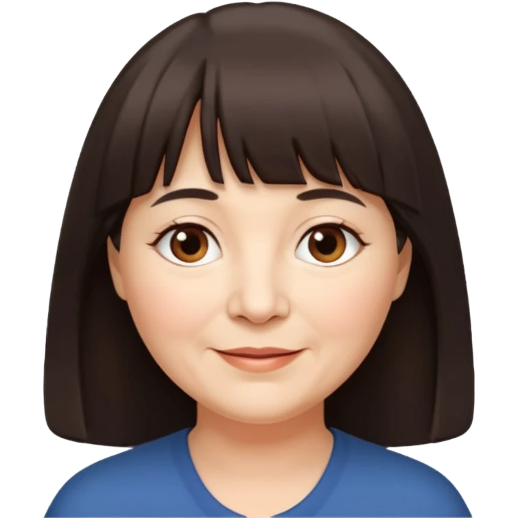 60 yr old woman, very small brown eyes, long hair, straight dark brown hair, bangs, chubby, long face emoji