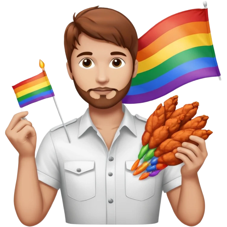 Guy with brown hair holding buffalo chicken wings and a gay pride flag emoji