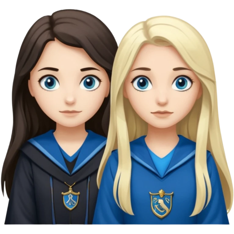 a pretty ravenclaw girl with long dark brown hair and blue eyes standing with a pretty Slytherin girl with long blonde hair, blue eyes emoji