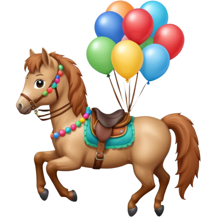 A small pony holding colorful balloons tied to its saddle, looking cheerful. emoji
