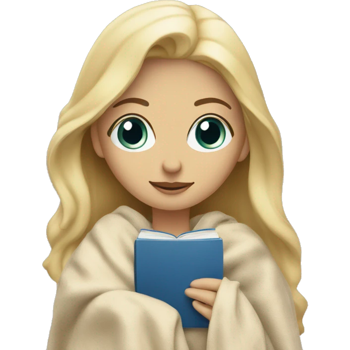 blonde with blue eyes in a blanket with a beige book in her hands emoji