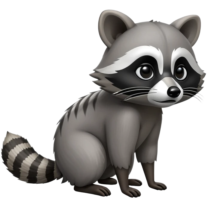 Cinematic-Raccoon-Realistic-hunched Full-Body on all fours-Emoji – Tail flicking lazily, head tilted dramatically, thick grey fur with a signature black mask, sharp and alert ears, simplified yet realistic focused features, highly detailed, glowing with an almost sarcastic glow. big black eyes emoji