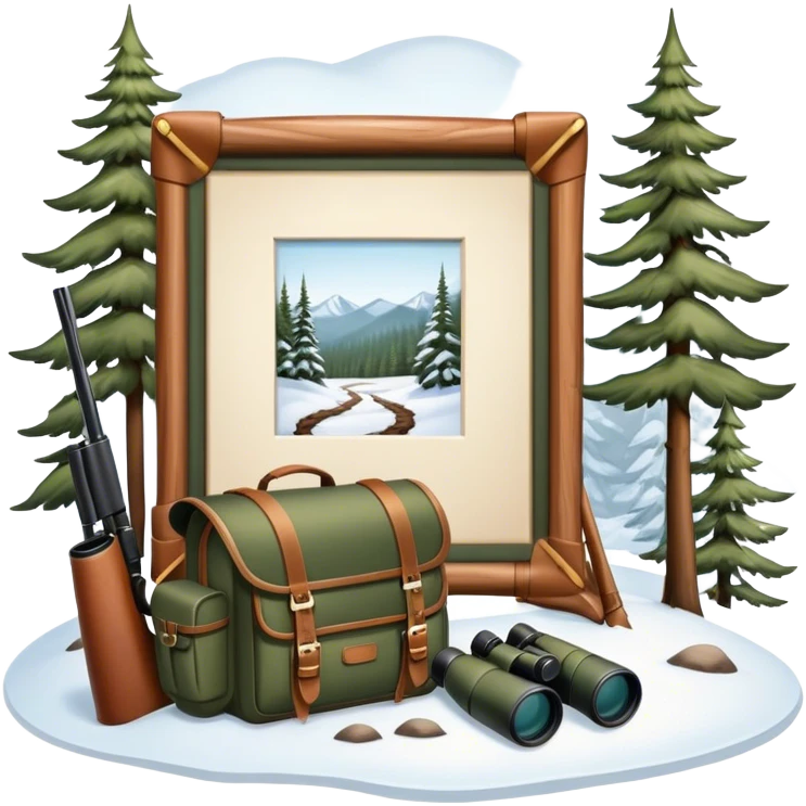 Icon for Hunting Tourism: a hunting rifle, binoculars, and animal tracks in the snow, with a forest background and a hunter’s backpack. The icon should represent the adventure and experience of hunting in nature. Transparent background. emoji