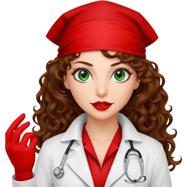 Spanish sexy evil woman. She has green eyes.  had brown long curly hair.  evil surgeon kills with needle wears red sexy doctor coat with red mouth bandana red gloves.  emoji