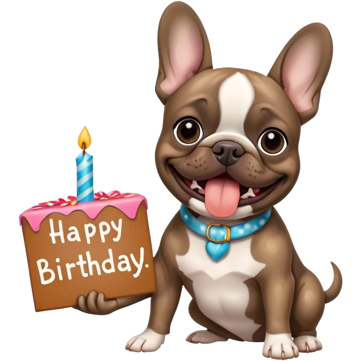 Brindle French Bulldog holding a happy birthday sign emoji