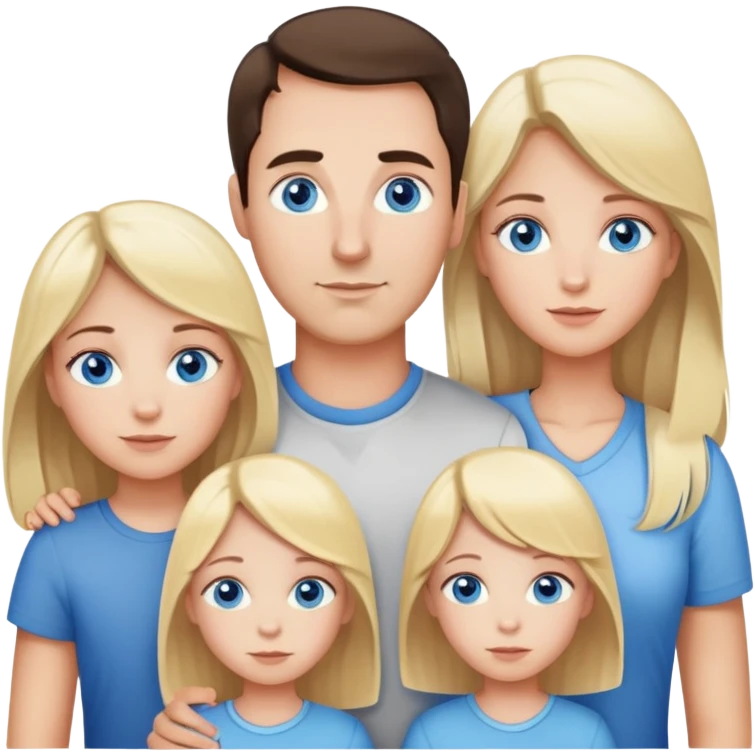 Family portrait with father with dark brown hair and blue eyes, mother with light brown hair and blue eyes, three blonde little girls with blue eyes emoji