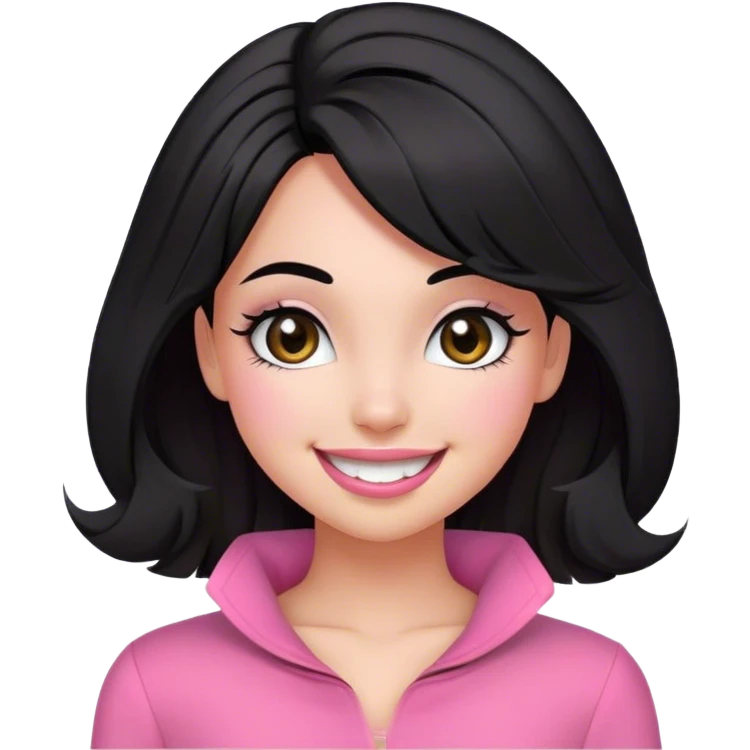 Olive toned girl with big smile, pink clothes, blowout black hair, round cute coquette face, brown eyes with pretty eyelashes emoji