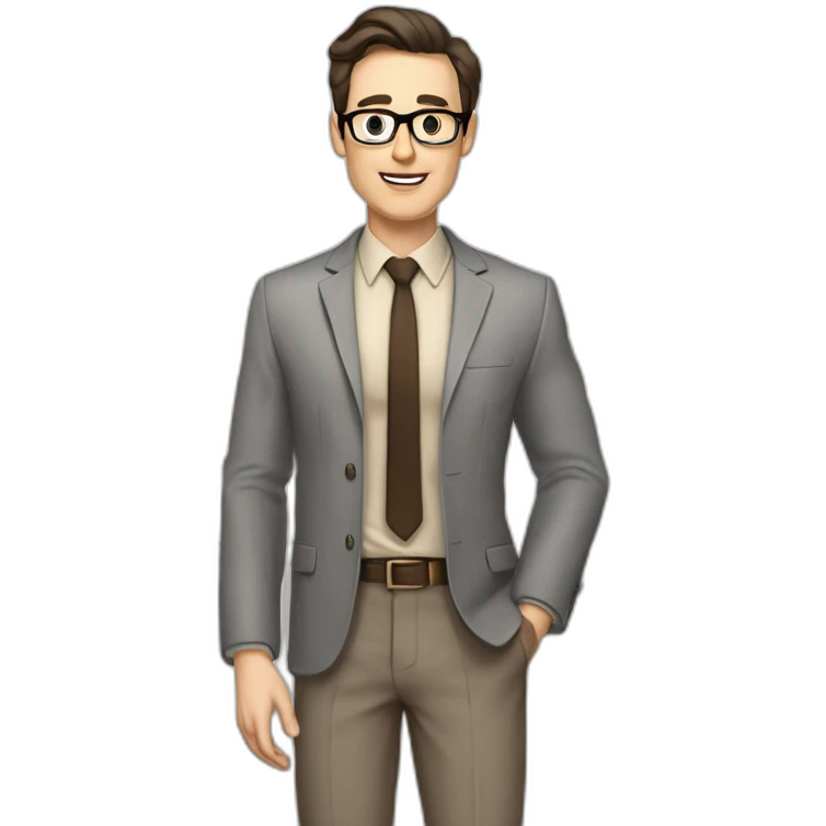 Pale skinned fit man with dark brown hair in gray jacket, beige office shirt, brown tie, brown pants and vintage glasses Writing text on the flipchart emoji
