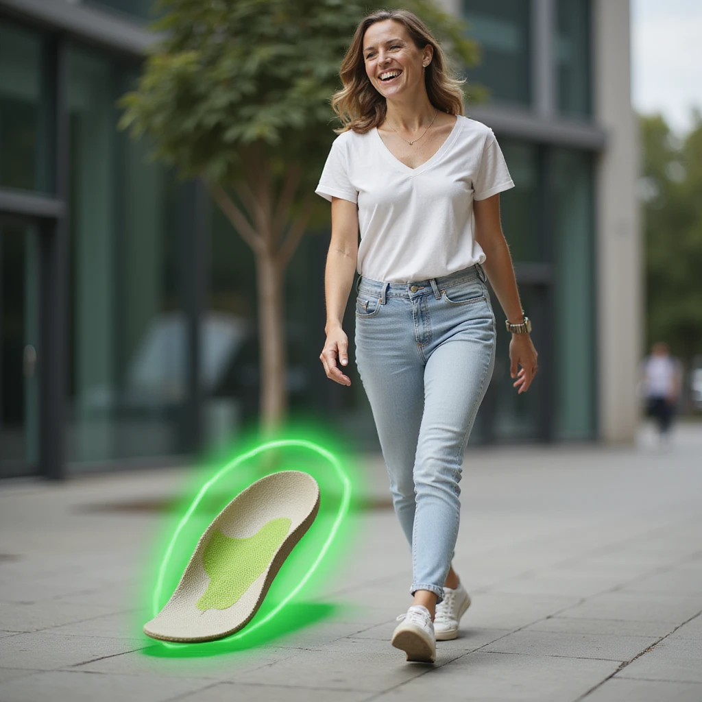 realistic style woman walking with confident step and smile, orthopedic insole in shoe, foot with green halo symbolizing wellness, urban environment emoji