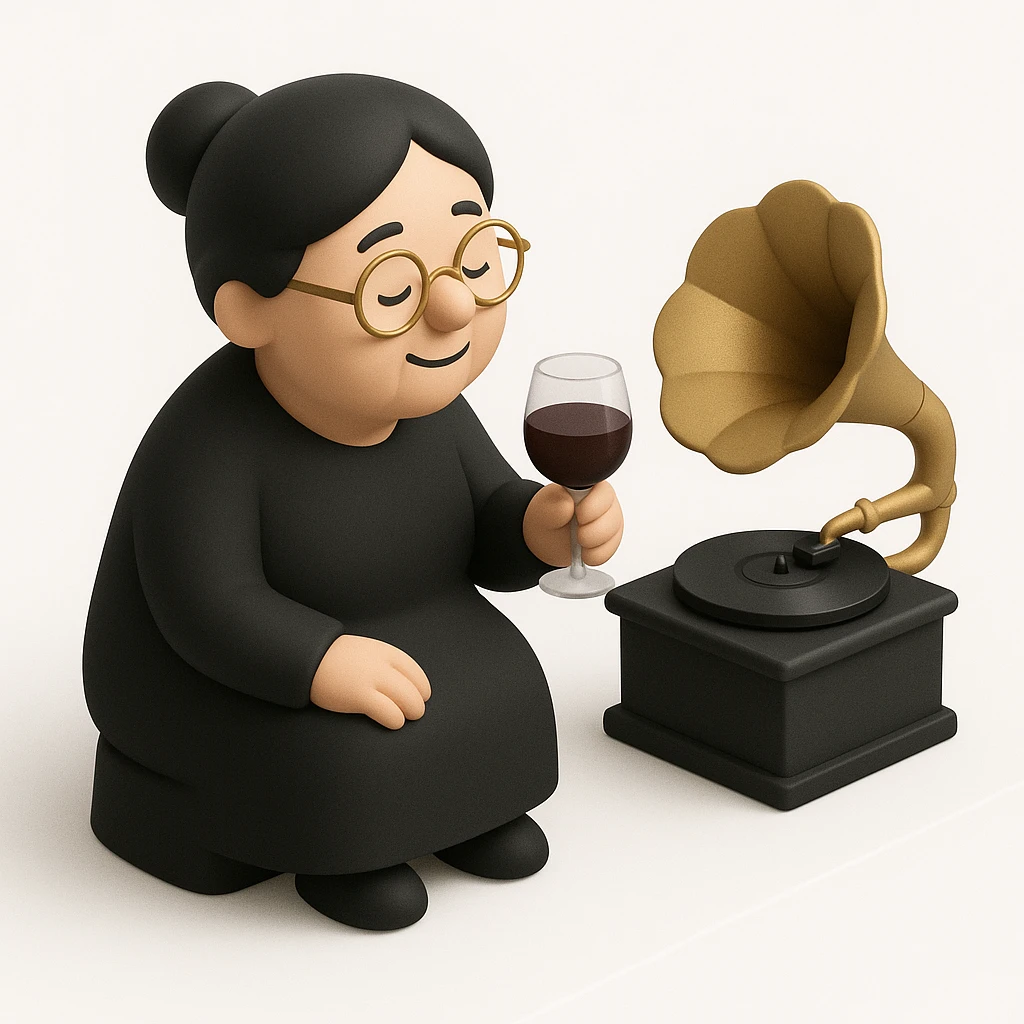 old lady with wineglass listening to gramophone emoji