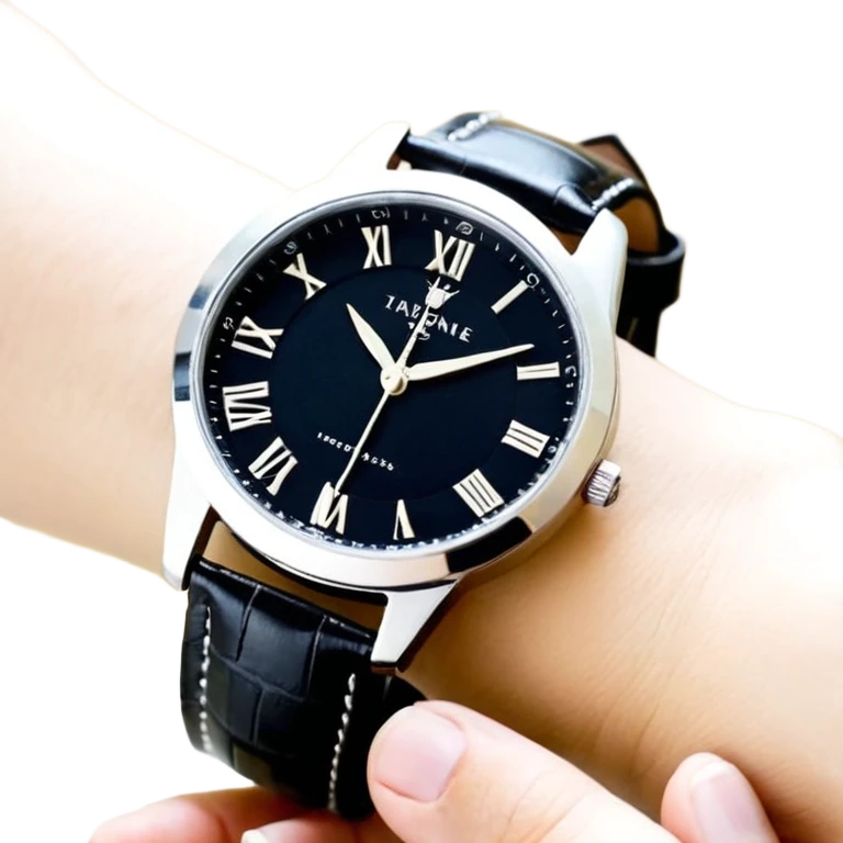 Чёрные наручные часы, у которых виден только циферблат и ремешок спереди emoji