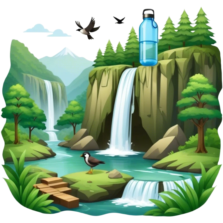 Icon for Ecotourism: a scenic landscape with lush green forests, a waterfall, and wildlife, such as birds or animals, with hiking trails and eco-friendly travel elements like a reusable water bottle. Transparent background. emoji