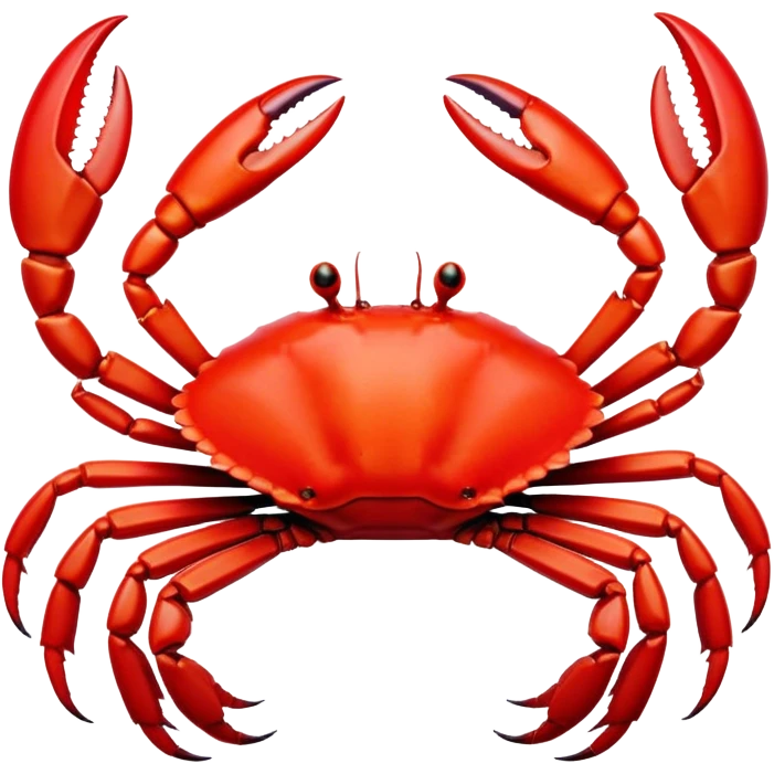 Cinematic Noble Red Crab Portrait Emoji, Poised and commanding, with a sturdy, angular exoskeleton of vivid scarlet red and sharply defined pincers, deep-set, intense eyes on stalks, Simplified yet sharp and sophisticated features, highly detailed, glowing with a soft, oceanic glow, high shine, intelligent and formidable, stylized with an air of coastal authority, focused and alert, soft glowing outline, capturing the essence of a watchful crustacean guardian that appears ready to scuttle out of the screen with determined power! emoji