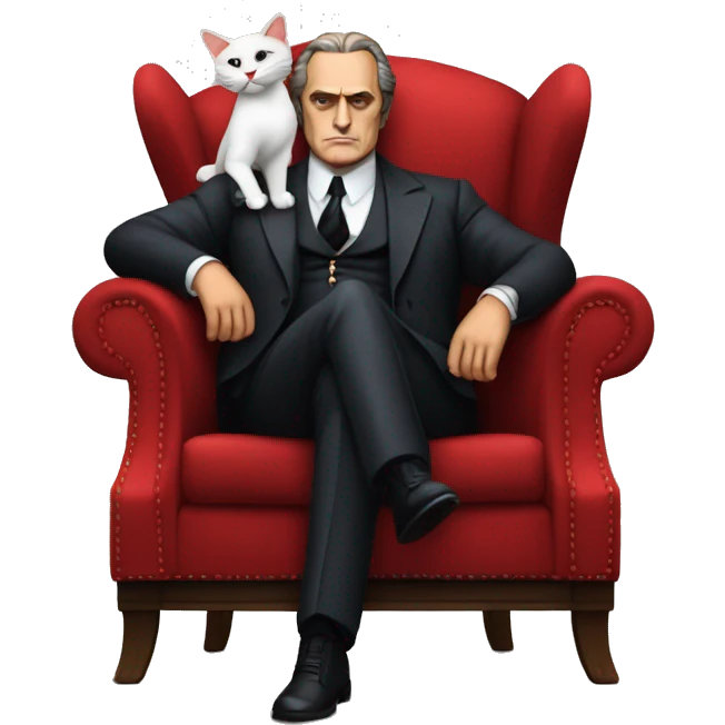 vito corleone as a mafia boss sitting on a red chair petting a white cat on his lap emoji