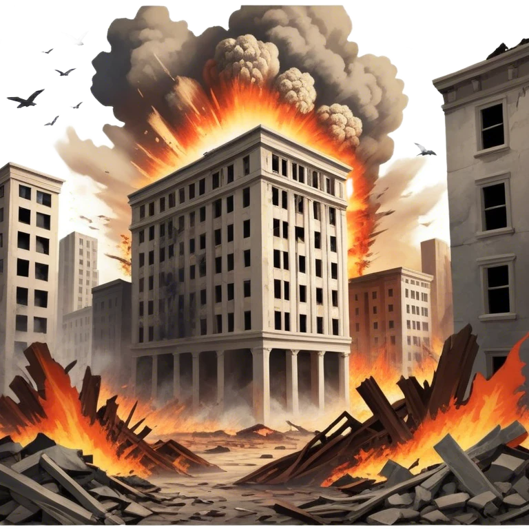 A vintage movie poster-style design with a dramatic scene of a natural disaster like an earthquake, tornado, or tsunami. Include crumbling buildings, flying debris, and fiery explosions. The background should be chaotic, with a cinematic, apocalyptic vibe. Transparent background. emoji