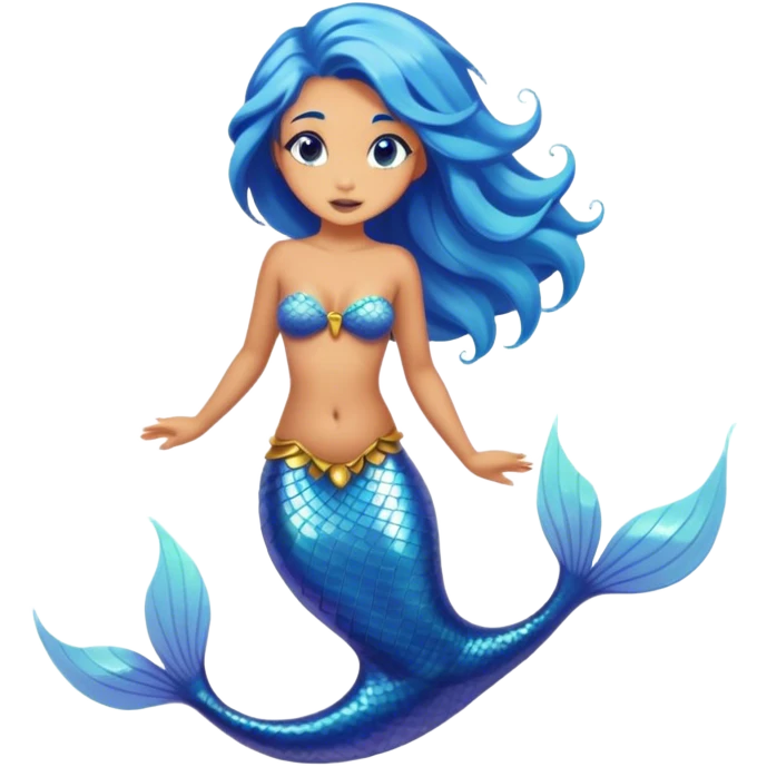 Cinematic Realistic Blue Hair Mermaid Portrait, head tilted playfully and inquisitively, showcasing a delicate, tropical form with finely detailed, flowing blue hair contrasting beautifully against her sun-kissed tanned skin. Her bright, curious eyes sparkle like sea gems under warm filtered light, rendered with lifelike clarity and soft underwater illumination—capturing the essence of a spirited mermaid poised to dance playfully amidst coral reefs. emoji