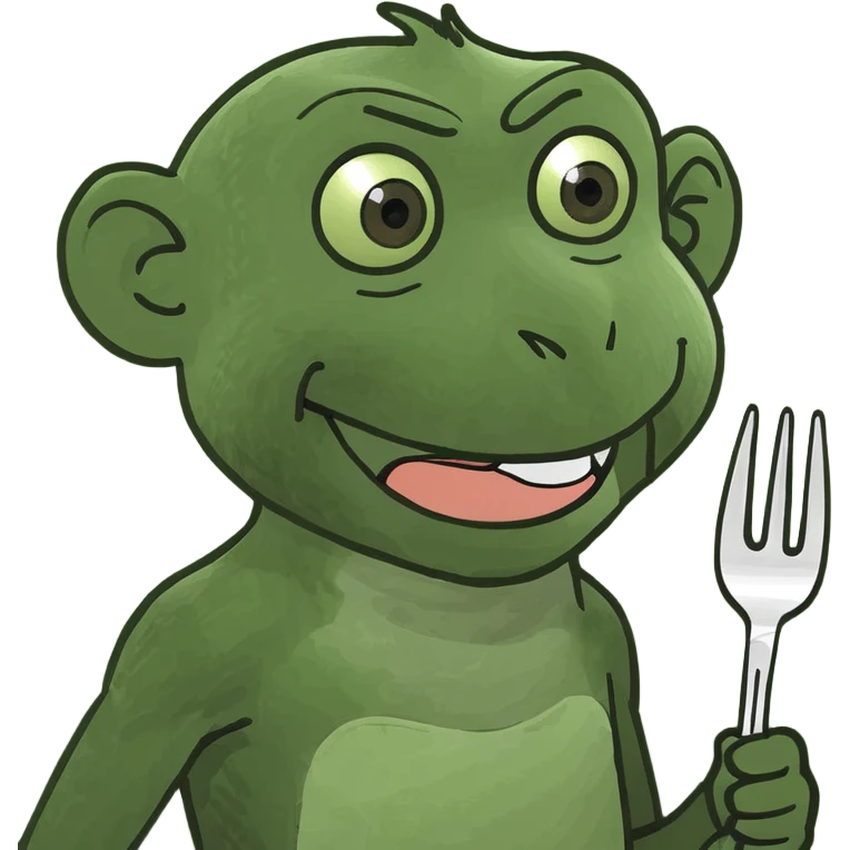 happy monkey holding a fork in his hand ready to eat lunch emoji