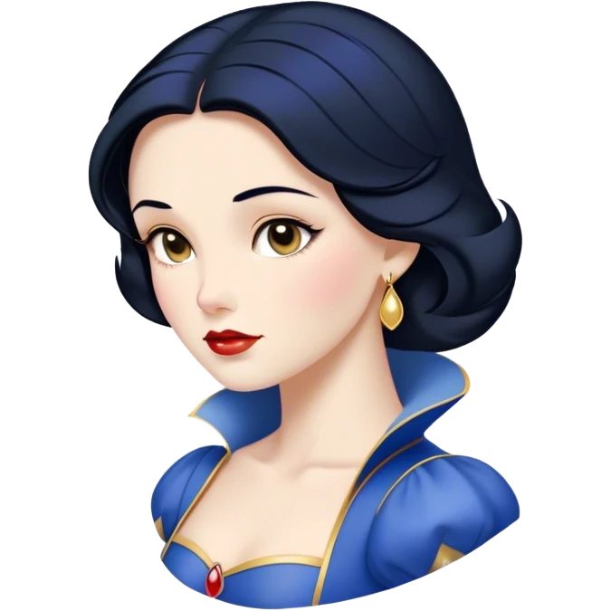 Cinematic Timeless Snow White Portrait Emoji, rendered in a clean, vector style. Depict Snow White with flawless porcelain skin, elegantly styled raven hair, and a serene, graceful expression, dressed in her classic blue and gold ensemble. The design features bold, simplified shapes, a soft, enchanting glow, and a subtle glowing outline, epitomizing pure, timeless beauty. emoji
