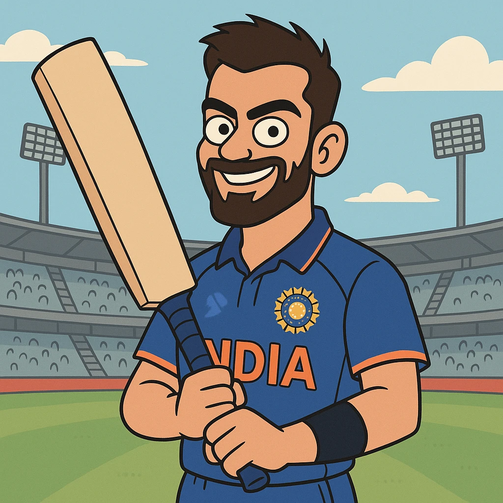 Virat Kohli, cartoon style, holding a cricket bat, confident smile, blue Indian team jersey, stadium background emoji