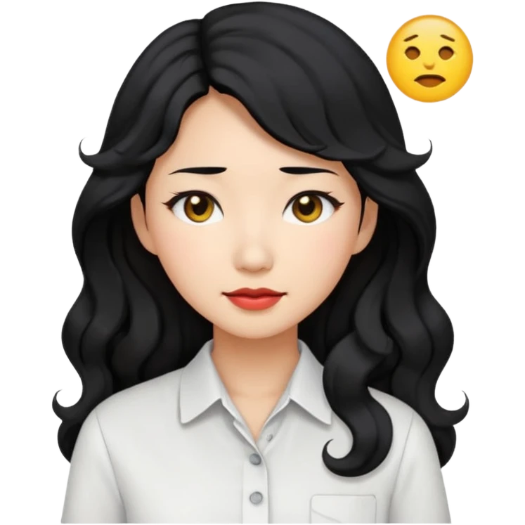 Asian woman, black hair, long permed wavy hair, white button-up shirt, emoji style, flat colors, transparent background. emoji