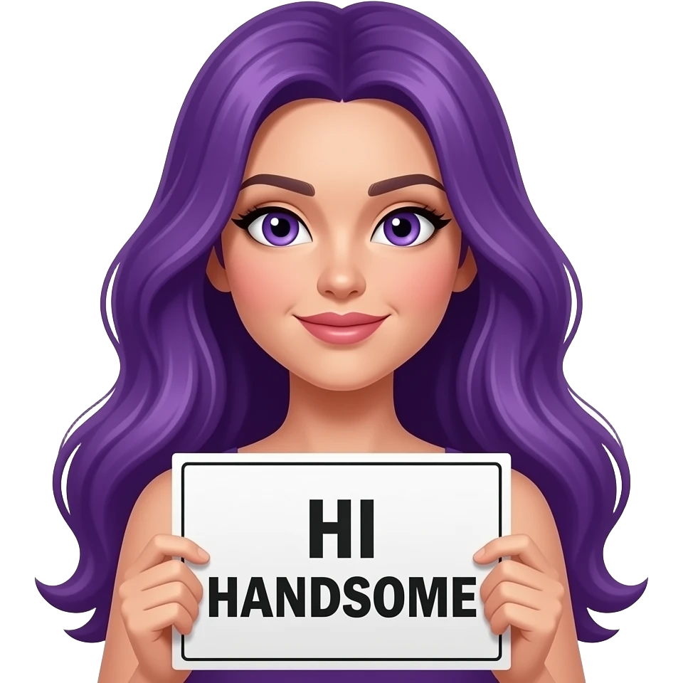 sexy girl with long purple hair and purple eyes holding a HI HANDSOME sign emoji