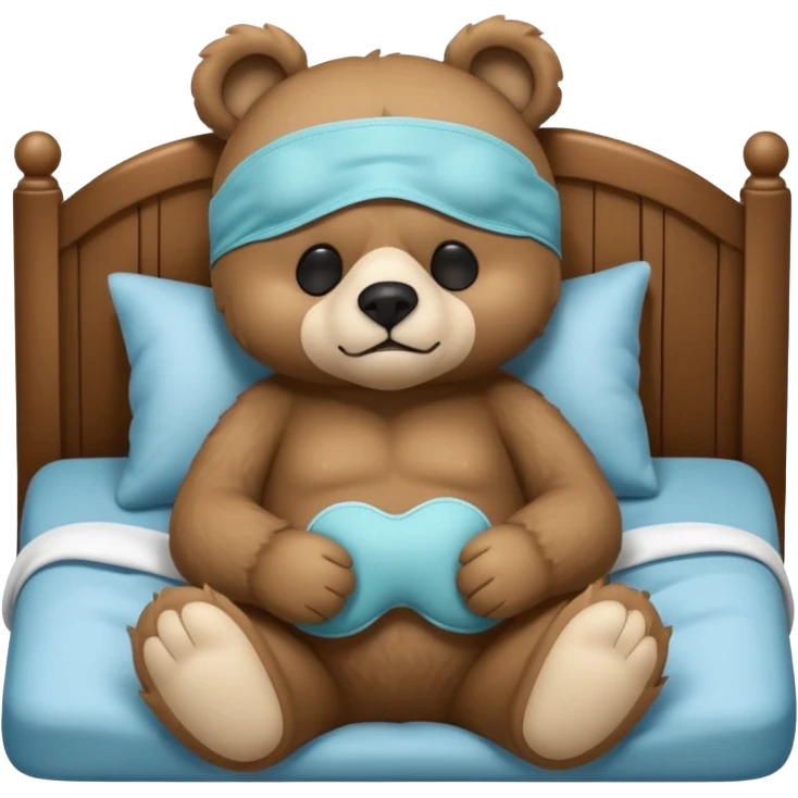 sleepy cute bear with sleeping mask sitting on comfiest bed emoji