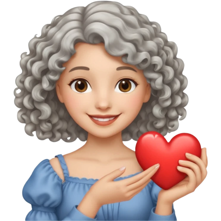 silvery curly/wavy shoulder-length hair smiling lady holding a heart emoji