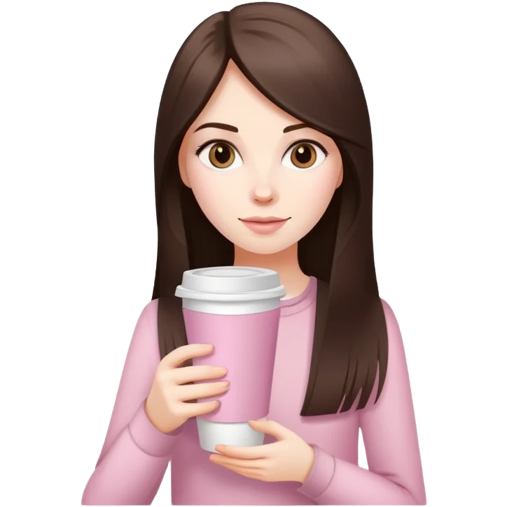 A white girl with long dark brown straight hair and a pale pink paper cup of coffee emoji