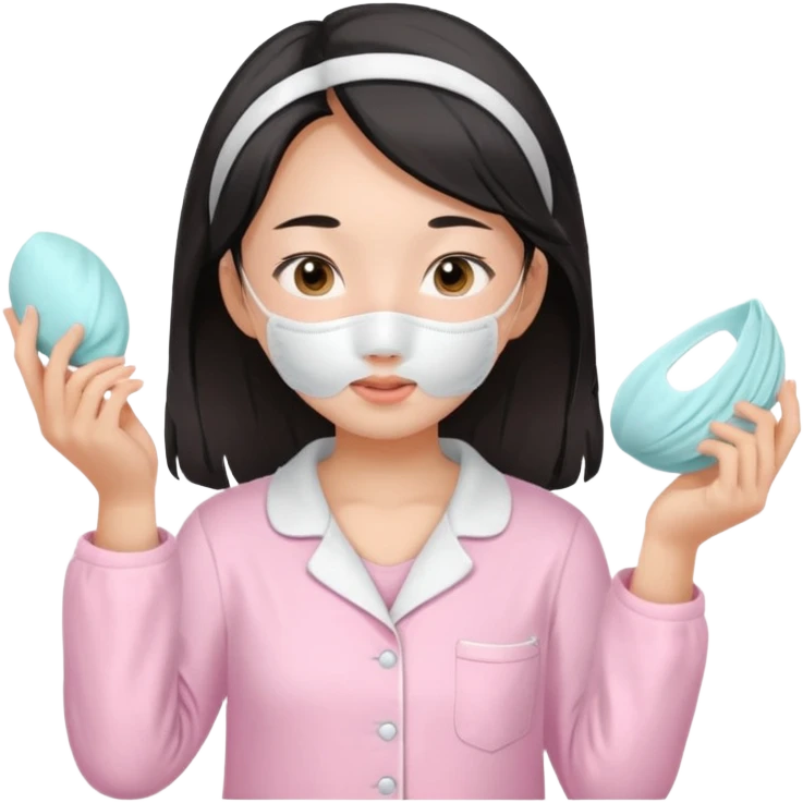 angelic asian girl doing skin care in baby pink pajamas, applying mask to her face emoji