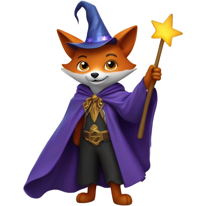 fox with a wizards cape and hat holding a magic wand surrounded by stars emoji