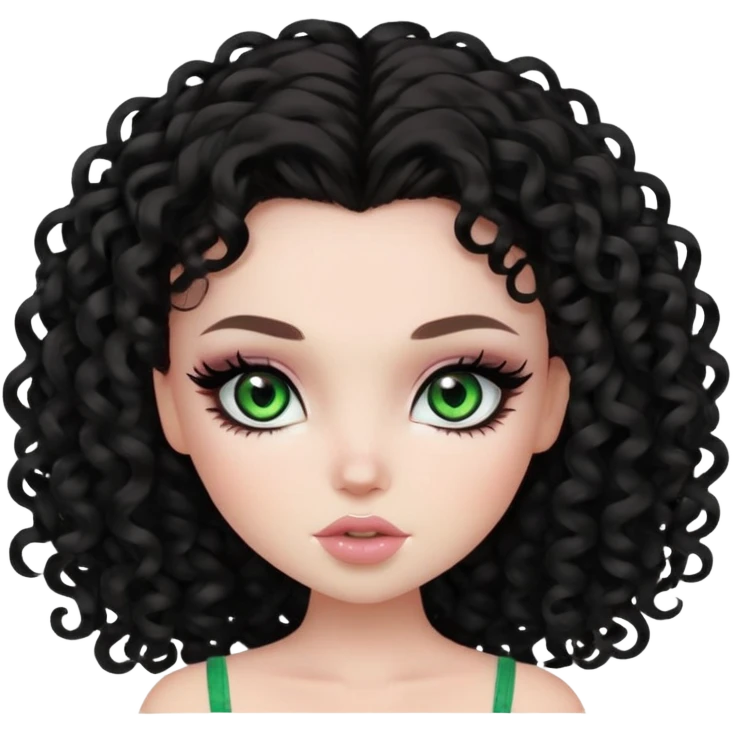 curly dark hair, pale skin, green eyes, pretty bratz baddie, black eyeliner, blush emoji