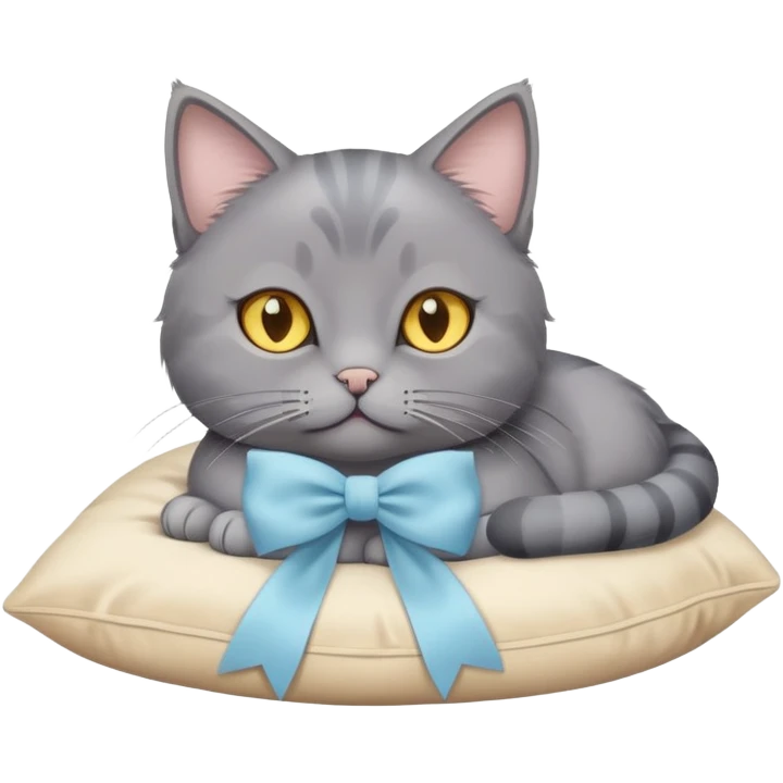 A grey cat with yellow eyes and a light blue bow sits on a beige pillow



 emoji