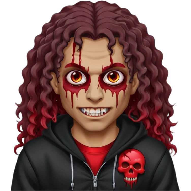 Vampire wearing black hoodie with a skull logo on it, long curly hair, brown skin, fanged teeth, blood under eye sockets/forehead, piercings on eyebrows, long curly hair with a patch (section) of red and blood on hands emoji