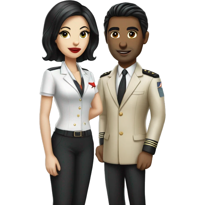 Flight attendant with long black hair, red lips and white skin with a pilot man with beige skin and black hair emoji