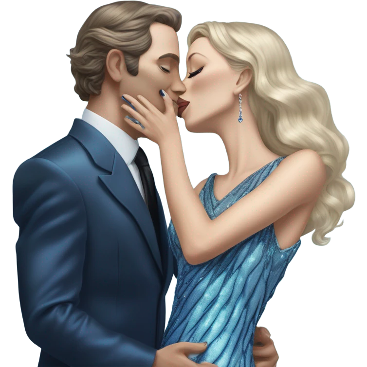 reptilian alien woman, in long slim pastel blue formal party satin dress with gradient shiny sparkling navy blue diamonds embroidered , and caucasian man in black dress kissing emoji