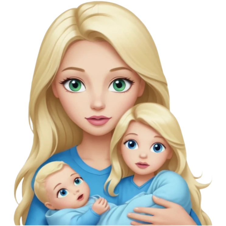 Blonde baddie with long hair Pretty makeup long lashes blue-green eyes ,   light pink lips holding baby Boy with blue eyes emoji