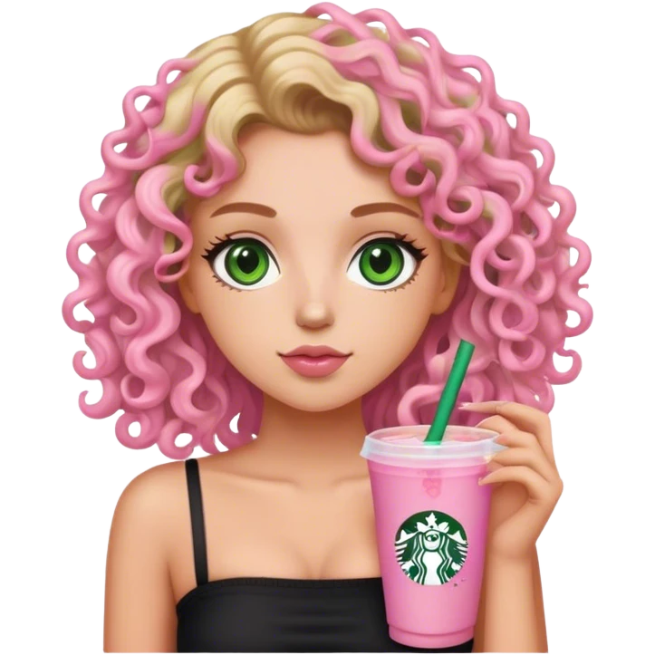 a slightly tan but white girl with curly wavy hair and green eyes wearing a black tube top holding a starbucks pink lemonade facing forward aesthetic  emoji