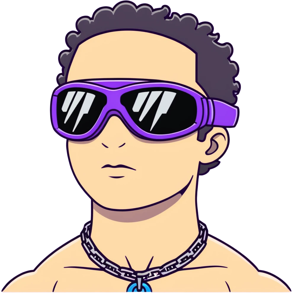 shirtless male athlete with white skin and moderately curly black hair on top with shaved sides, wearing purple ski goggles with black tinted lenses, and a simple plain black chain necklace, no earrings emoji