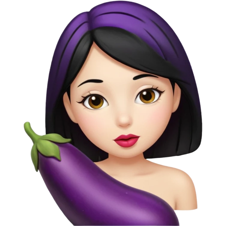 Girl with black hair kissing eggplant emoji