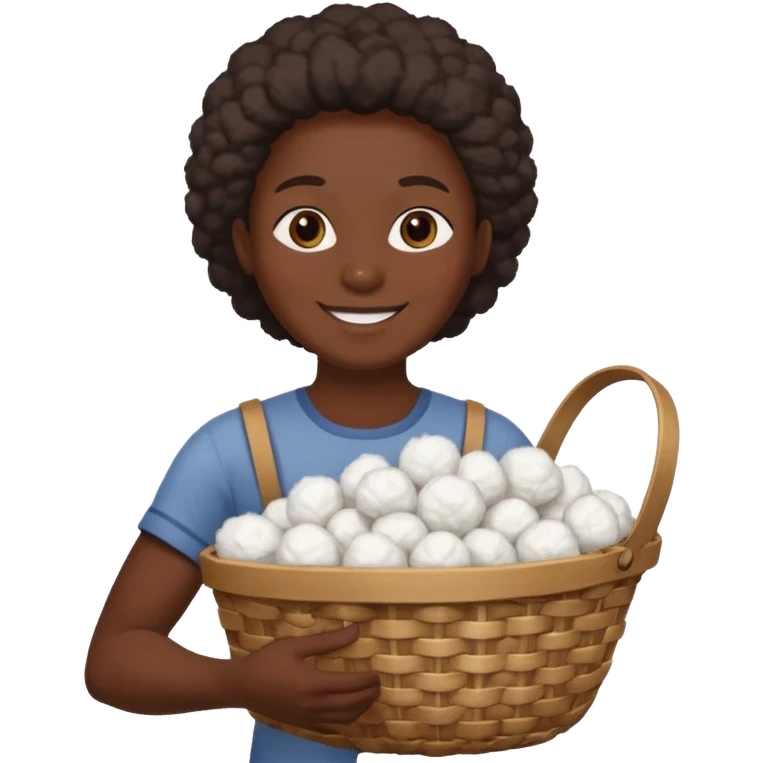 smiling adult slave holding a basket with cotton emoji